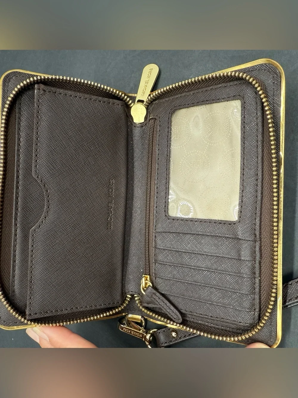 Michael Kors Chocolate Brown Saffiano Zip Wristlet with Gold Hardware